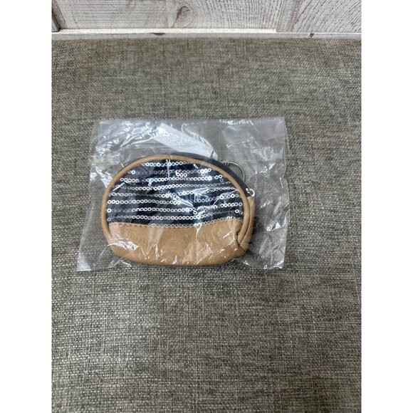 Charming Charlie Womens Girls Keychain Coin Purse Tan & Black Sequin Stripes - Picture 6 of 6